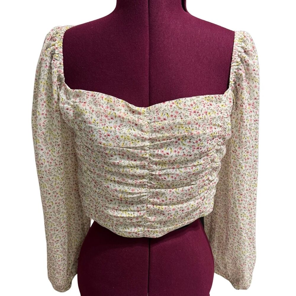 RESET BY JANE Floral Off Shoulder Crop Top LARGE Puff Sleeve Ruched NWT